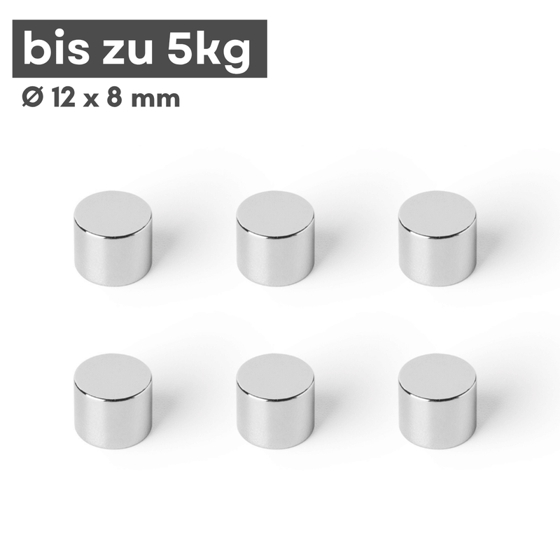 Neodym Scheibenmagnet 12x8 mm N42 – silberfarben, starke Haftkraft