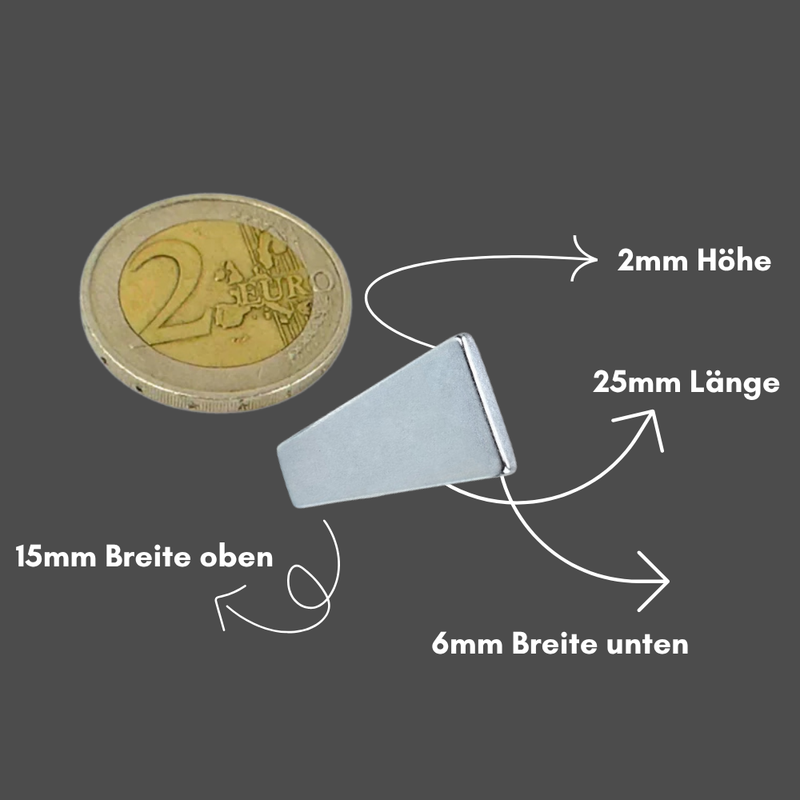 Neodym Magnet Trapezmagnet 15 (6) x 25 x 4 mm N48M – verzinkt, temperaturbeständig bis 100 °C