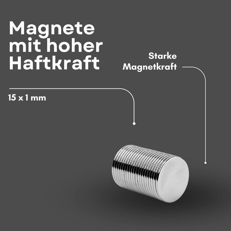 Neodym Magnet Ø 15mm x 1mm - Starker Scheibenmagnet - N38 Supermagnet - Hohe Haftkraft bis 800g