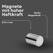 Silberner NdFeB Magnet Ø 15 mm x 1 mm mit ca. 800 g Haftkraft