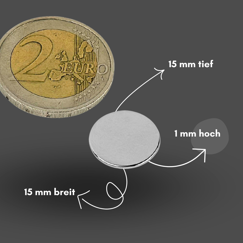 Neodym Magnet Ø 15mm x 1mm - Starker Scheibenmagnet - N38 Supermagnet - Hohe Haftkraft bis 800g