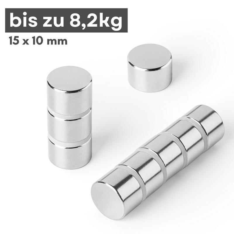 Neodym Magnet Ø 15mm x 10mm - Starker Scheibenmagnet - N42 Supermagnet - Hohe Haftkraft bis 8,2kg
