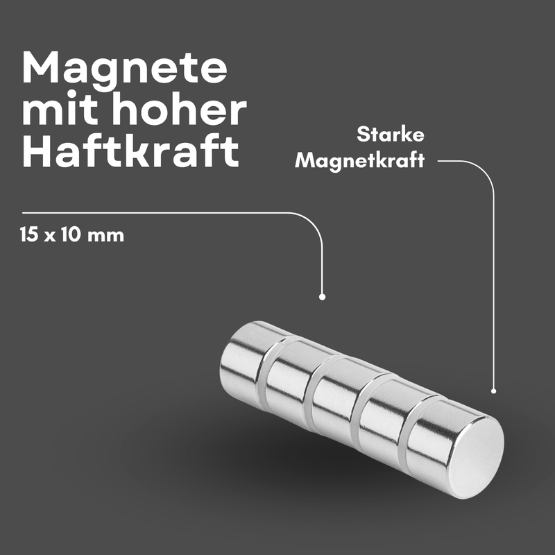 Neodym Magnet Ø 15mm x 10mm - Starker Scheibenmagnet - N42 Supermagnet - Hohe Haftkraft bis 8,2kg