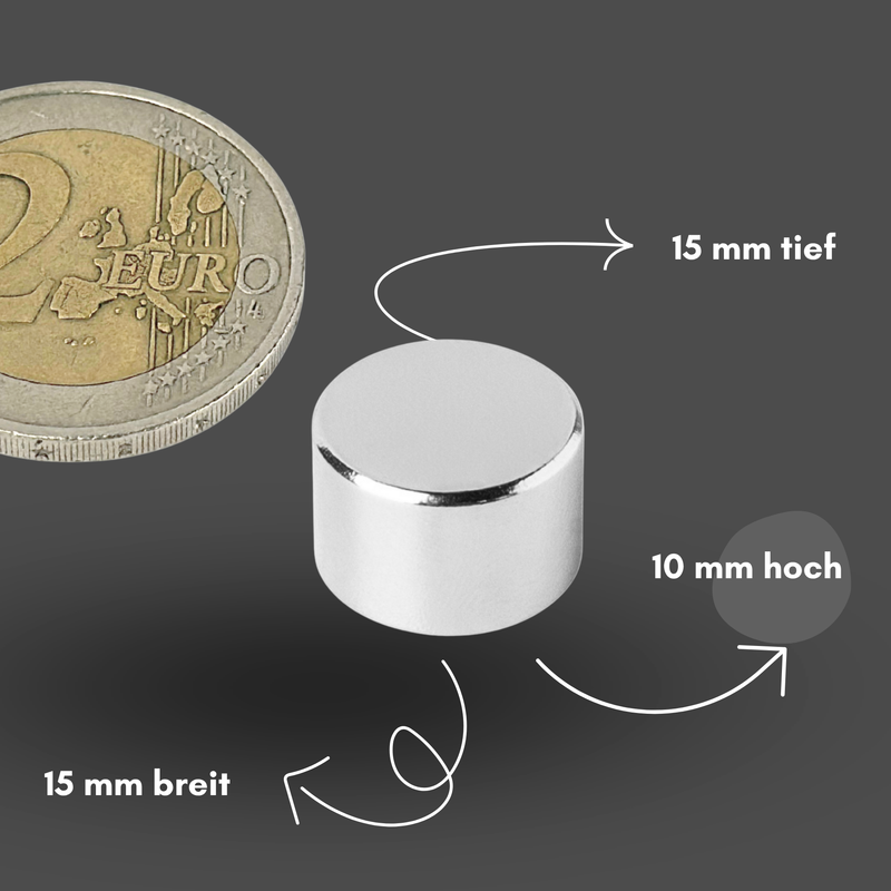 Neodym Magnet Ø 15mm x 10mm - Starker Scheibenmagnet - N42 Supermagnet - Hohe Haftkraft bis 8,2kg