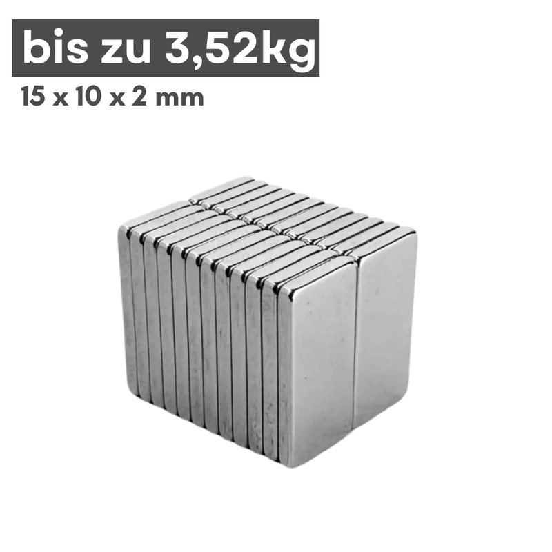 Neodym Magnet 15x10x2 mm Quadermagnet N42 stark Haftkraft 3,52 kg