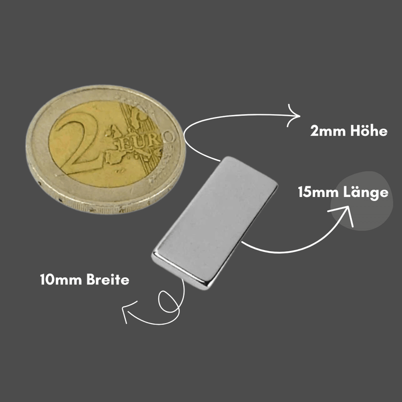 Starker Neodym Magnet 15x10x2 mm N42 vernickelt silber