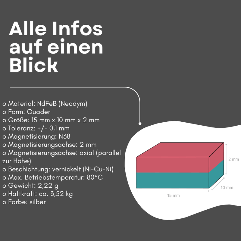 Größenvergleich Neodym Magnet 15x10x2 mm flacher Quader kompakt