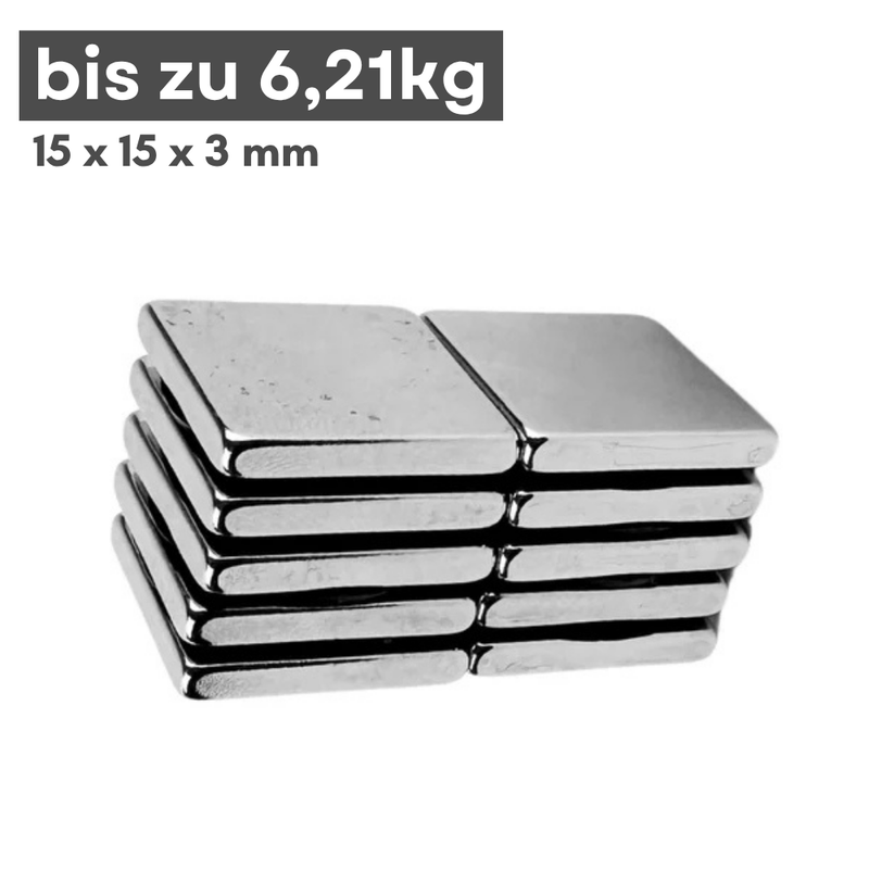Neodym Magnet 15mm x 15mm x 3mm - N42 Supermagnet - Quadermagnete - Hohe Haftkraft bis 6,21kg
