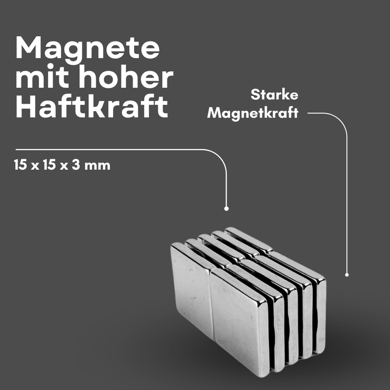 Neodym Magnet 15mm x 15mm x 3mm - N42 Supermagnet - Quadermagnete - Hohe Haftkraft bis 6,21kg