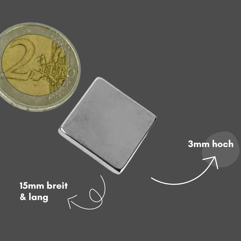 Neodym Magnet 15mm x 15mm x 3mm - N42 Supermagnet - Quadermagnete - Hohe Haftkraft bis 6,21kg