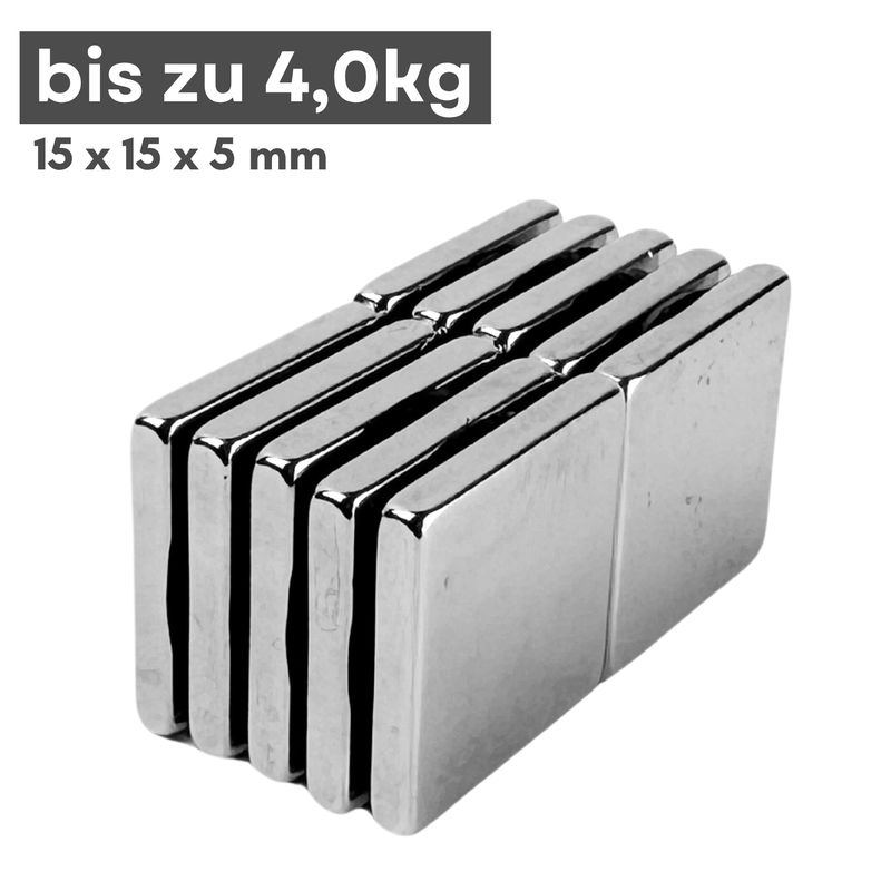 Neodym Magnet 15mm x 15mm x 5mm - N38 Supermagnet - Quadermagnete - Hohe Haftkraft bis 4kg