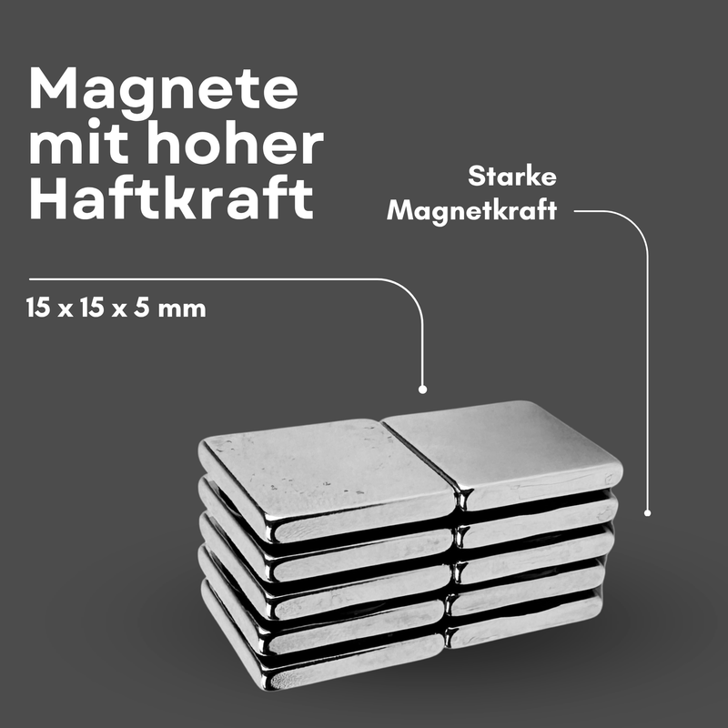 Neodym Magnet 15mm x 15mm x 5mm - N38 Supermagnet - Quadermagnete - Hohe Haftkraft bis 4kg