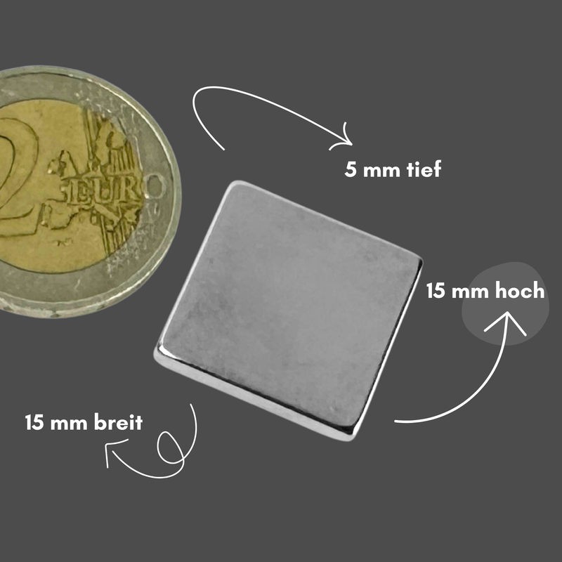 Neodym Magnet 15mm x 15mm x 5mm - N38 Supermagnet - Quadermagnete - Hohe Haftkraft bis 4kg