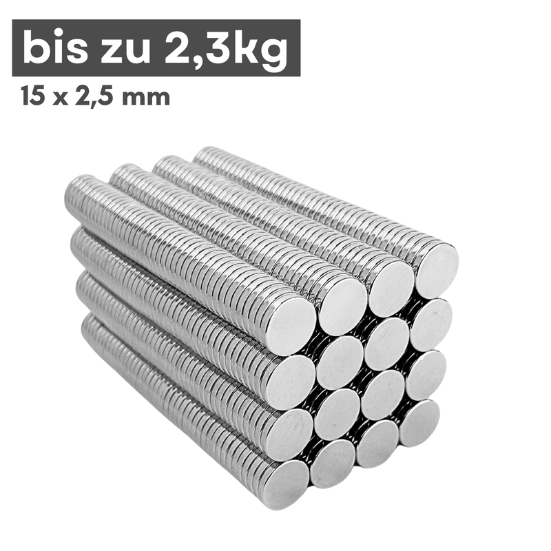 Neodym Magnet Ø 15mm x 2,5mm - Starker Scheibenmagnet - N38 Supermagnet - Hohe Haftkraft bis 2,3kg