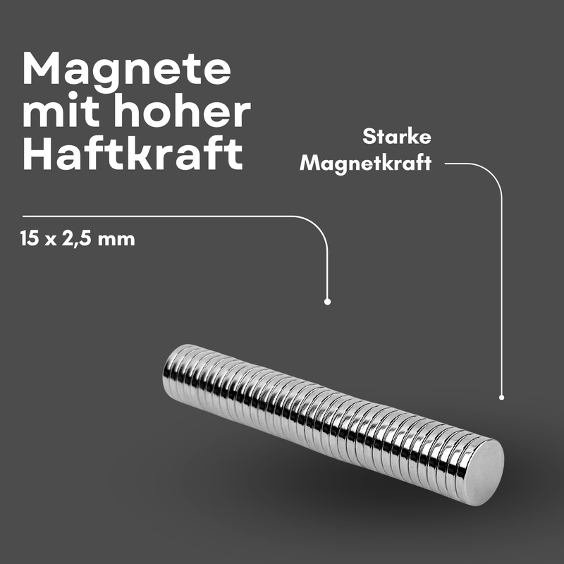 Neodym Magnet Ø 15mm x 2,5mm - Starker Scheibenmagnet - N38 Supermagnet - Hohe Haftkraft bis 2,3kg