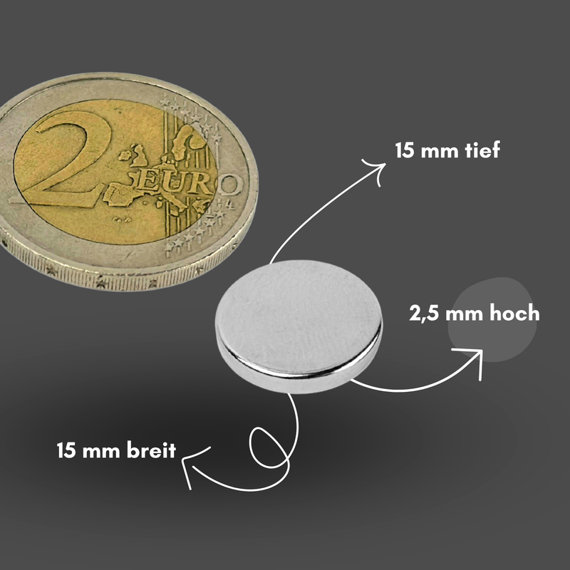 Neodym Magnet Ø 15mm x 2,5mm - Starker Scheibenmagnet - N38 Supermagnet - Hohe Haftkraft bis 2,3kg