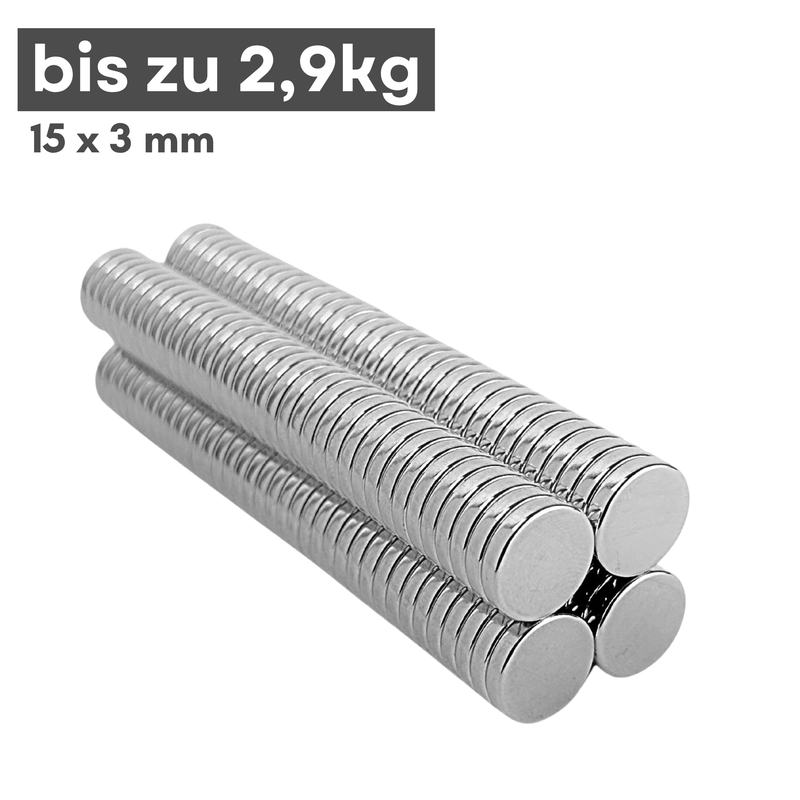 Magnete al neodimio Ø 15mm x 3mm - Magnete a disco potente - Super magnete N38 - Elevata forza di tenuta fino a 2,9 kg
