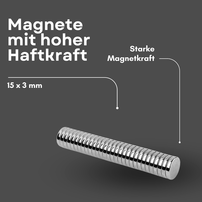 Magnete al neodimio Ø 15mm x 3mm - Magnete a disco potente - Super magnete N38 - Elevata forza di tenuta fino a 2,9 kg