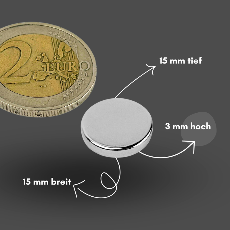Magnete al neodimio Ø 15mm x 3mm - Magnete a disco potente - Super magnete N38 - Elevata forza di tenuta fino a 2,9 kg