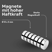Silberner NdFeB Magnet Ø 15 mm x 5 mm mit ca. 5 kg Haftkraft