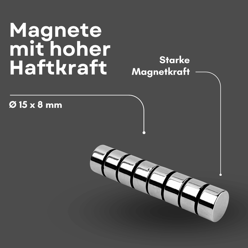 Silberner NdFeB Magnet Ø 15 mm x 8 mm mit ca. 6,6 kg Haftkraft