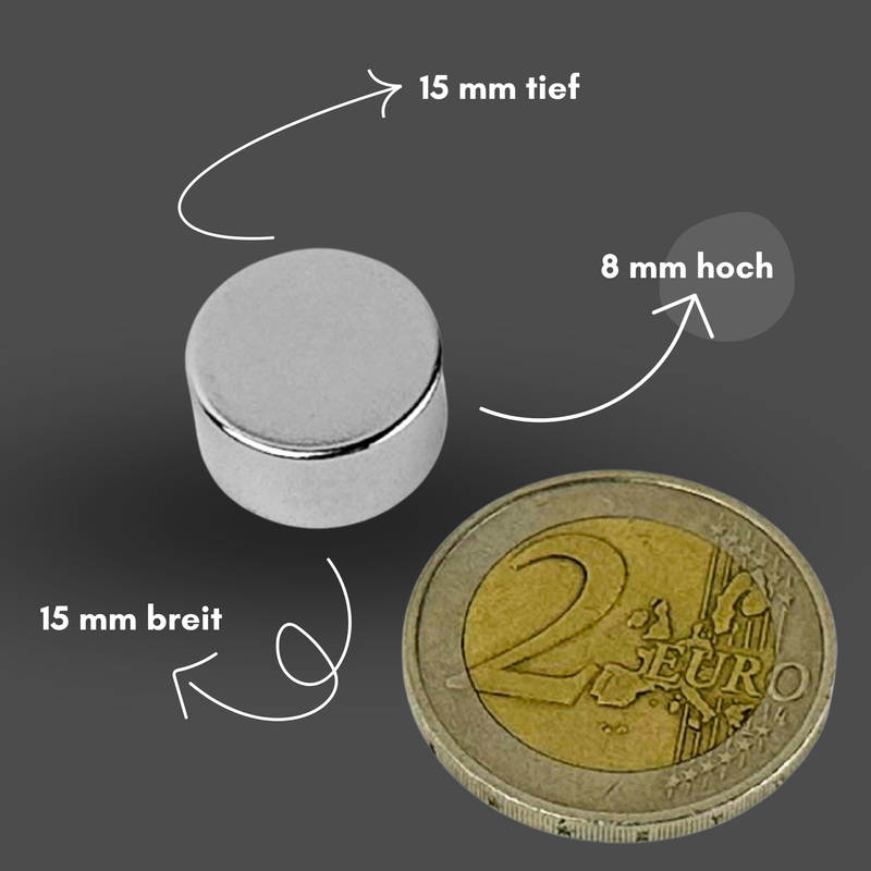 Magnete al neodimio Ø 15mm x 8mm - Magnete a disco potente - Super magnete N38 - Elevata forza di tenuta fino a 6,6 kg