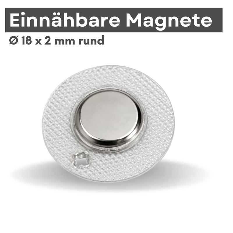 Einnähbarer Magnet Ø 18x2 mm rund, silberner Neodym-Magnet in runder Textilfassung zum Einnähen in Kleidung und Stoffe