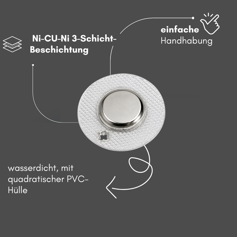 Einnähbarer Neodym-Magnet Ø 18x2 mm rund, wasserdicht mit PVC-Hülle und Ni-Cu-Ni-Dreischicht-Beschichtung, einfache Handhabung