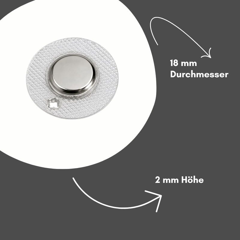 Einnähbarer Neodym-Magnet rund mit 18 mm Durchmesser und 2 mm Höhe – Maßangaben des Textilmagneten