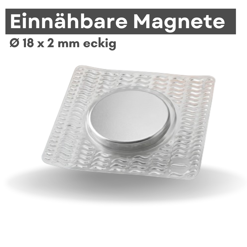Einnähbarer Magnet 18x2 mm eckig, silberner Neodym-Magnet in textiler Fassung zum Einnähen in Kleidung und Stoffe