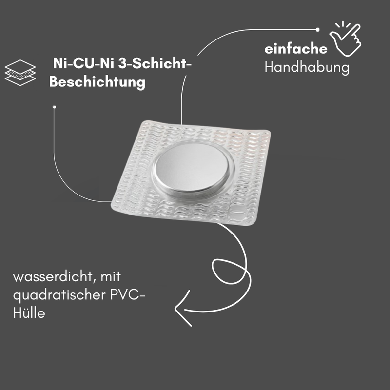 Einnähbarer Neodym-Magnet 18x2 mm eckig, wasserdicht mit quadratischer PVC-Hülle und Ni-Cu-Ni-Dreischicht-Beschichtung