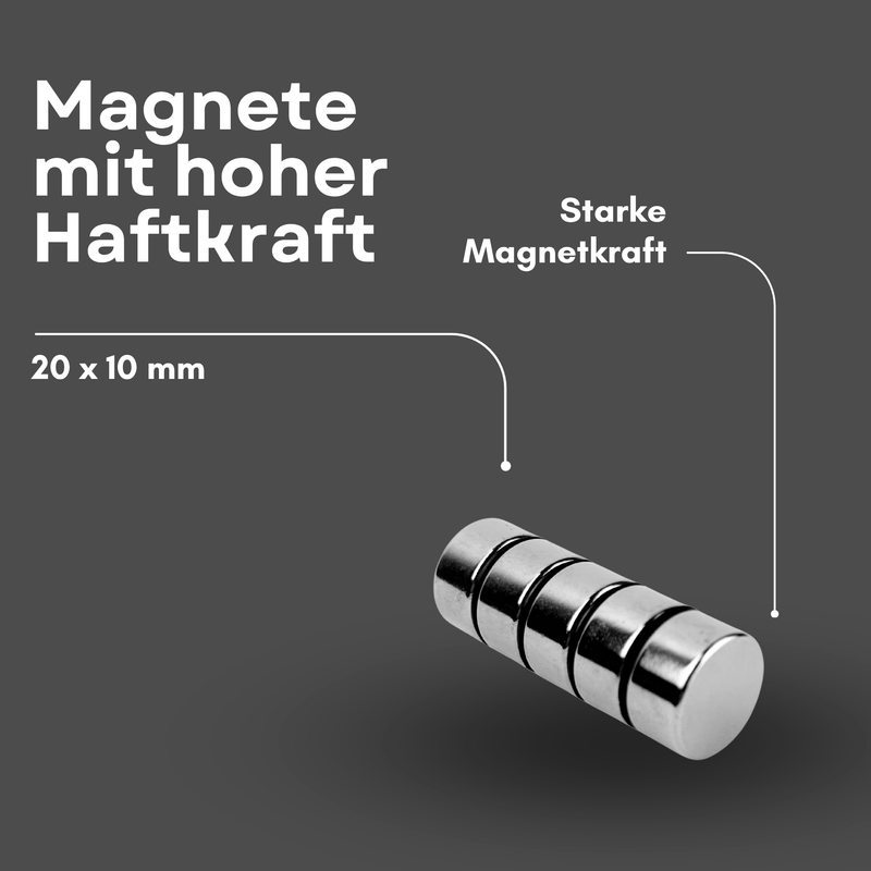 Neodym Magnet Ø 20mm x 10mm - Starker Scheibenmagnet - N38  Supermagnet - Hohe Haftkraft bis 11kg