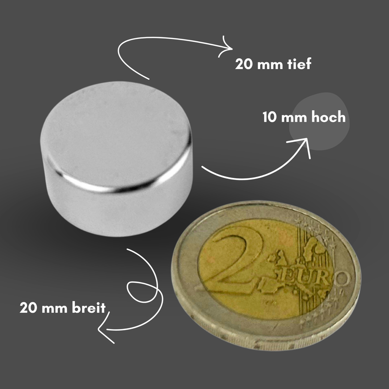 Neodym Magnet Ø 20mm x 10mm - Starker Scheibenmagnet - N38  Supermagnet - Hohe Haftkraft bis 11kg
