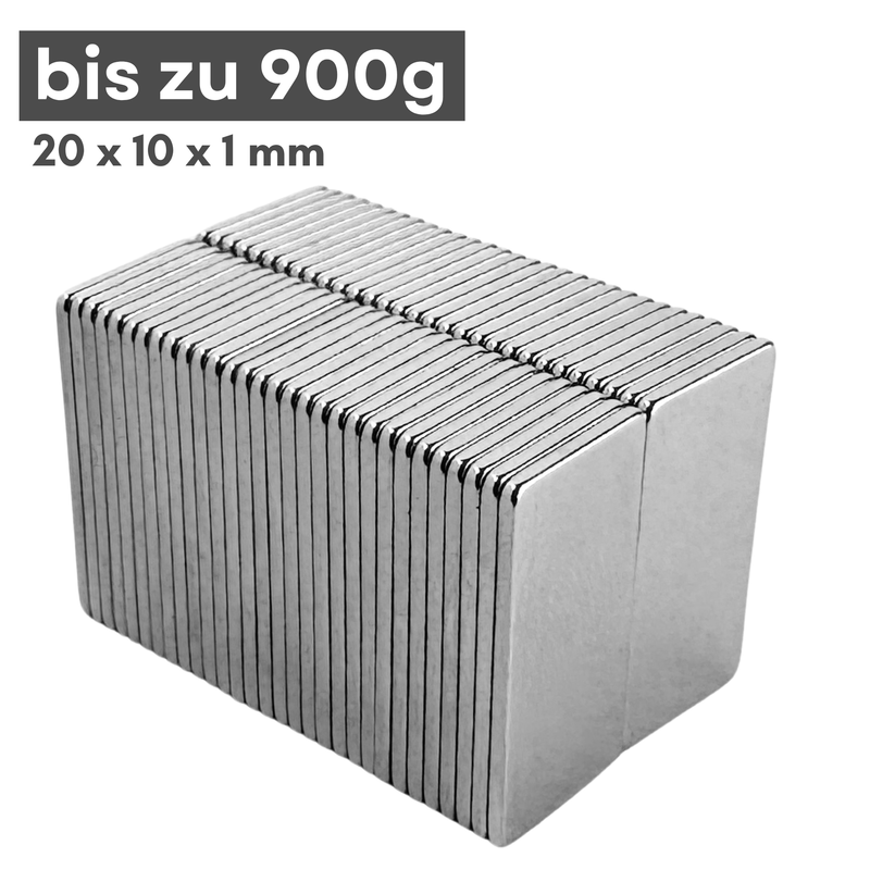Neodym Magnet 20mm x 10mm x 1mm - N38 Supermagnet - Quadermagnete - Hohe Haftkraft bis 900g