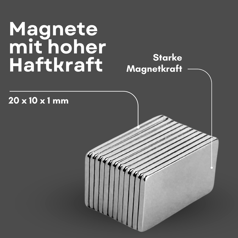 Neodym Magnet 20mm x 10mm x 1mm - N38 Supermagnet - Quadermagnete - Hohe Haftkraft bis 900g