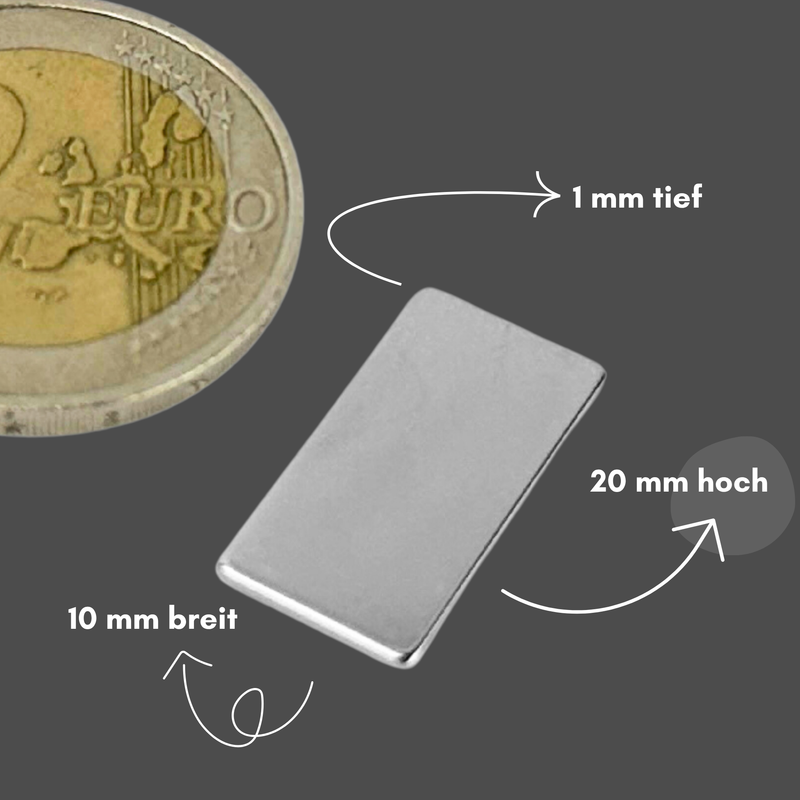 Neodym Magnet 20mm x 10mm x 1mm - N38 Supermagnet - Quadermagnete - Hohe Haftkraft bis 900g