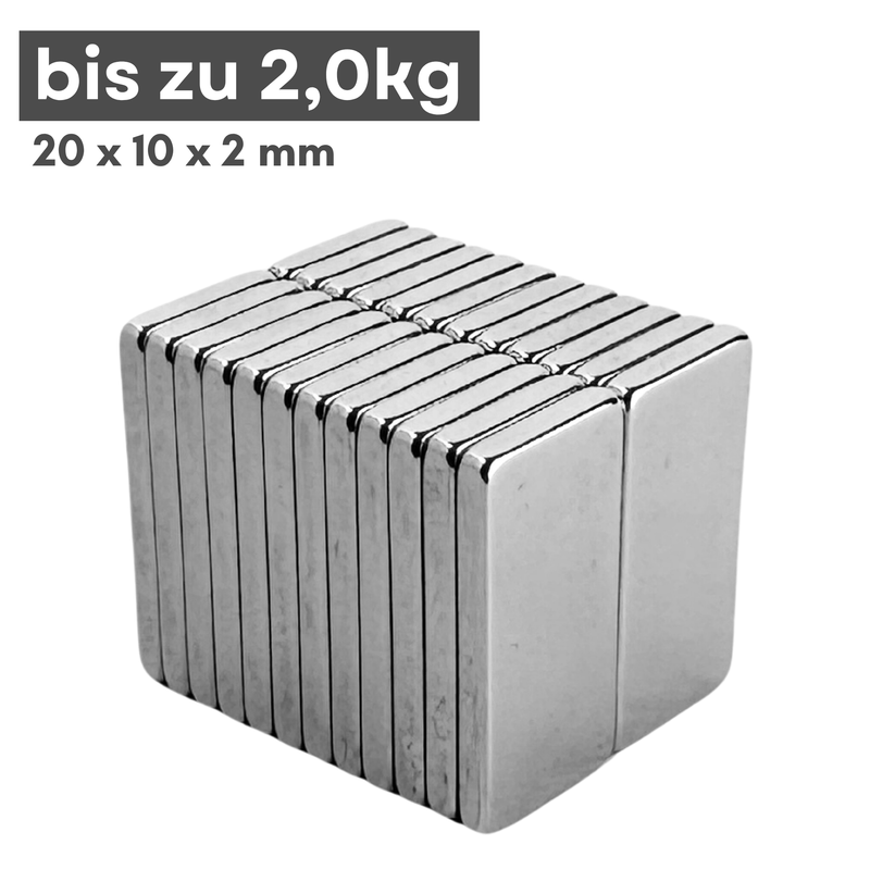 Neodym Magnet 20mm x 10mm x 2mm - N38 Supermagnet - Quadermagnete - Hohe Haftkraft bis 2kg