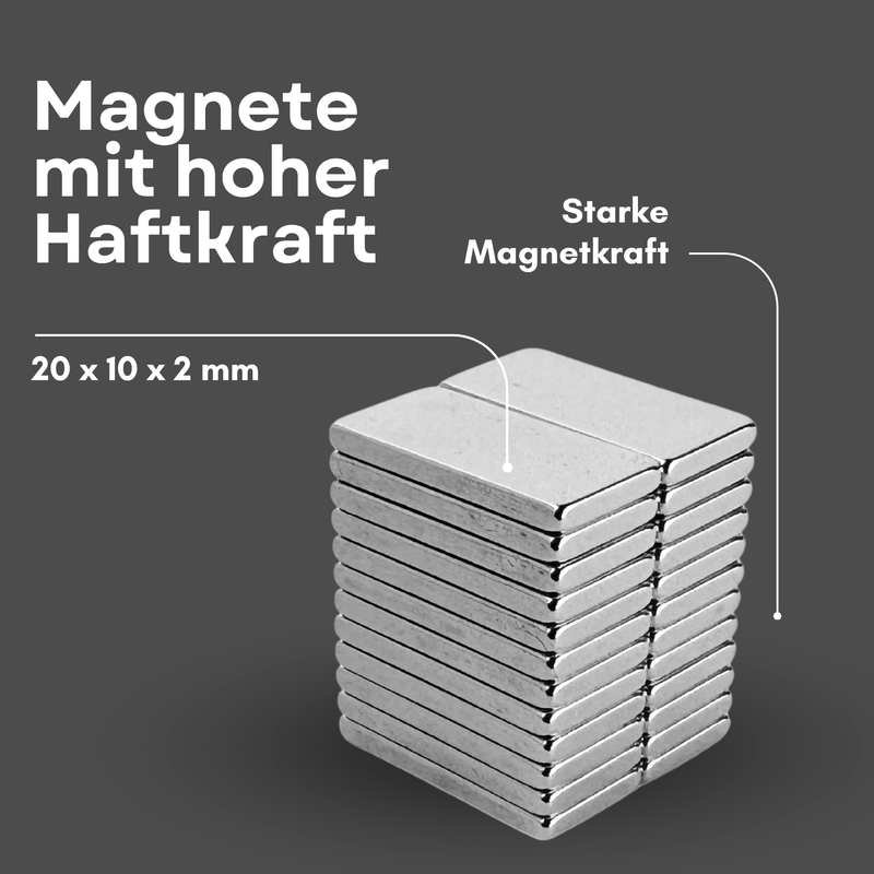 Neodym Magnet 20mm x 10mm x 2mm - N38 Supermagnet - Quadermagnete - Hohe Haftkraft bis 2kg