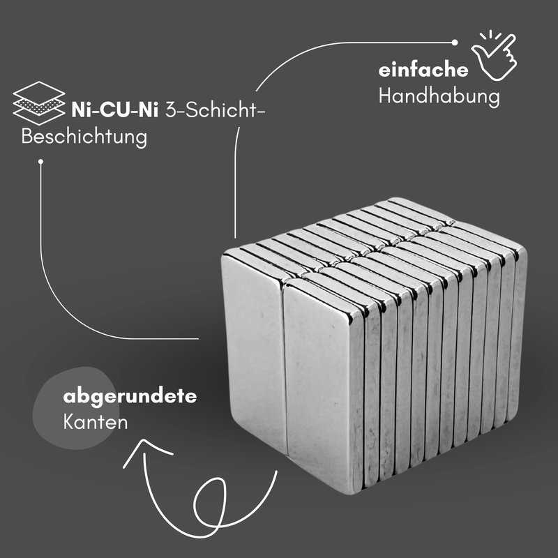 Neodym Magnet 20mm x 10mm x 2mm - N38 Supermagnet - Quadermagnete - Hohe Haftkraft bis 2kg