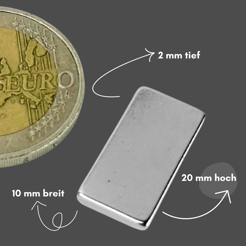 Neodym Magnet 20mm x 10mm x 2mm - N38 Supermagnet - Quadermagnete - Hohe Haftkraft bis 2kg