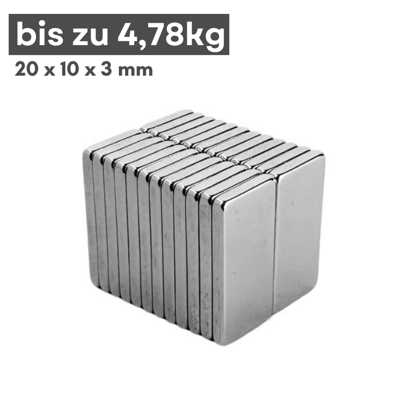 Neodym Magnet 20mm x 10mm x 3mm - N42 Supermagnet - Quadermagnete - Hohe Haftkraft bis 4,78kg