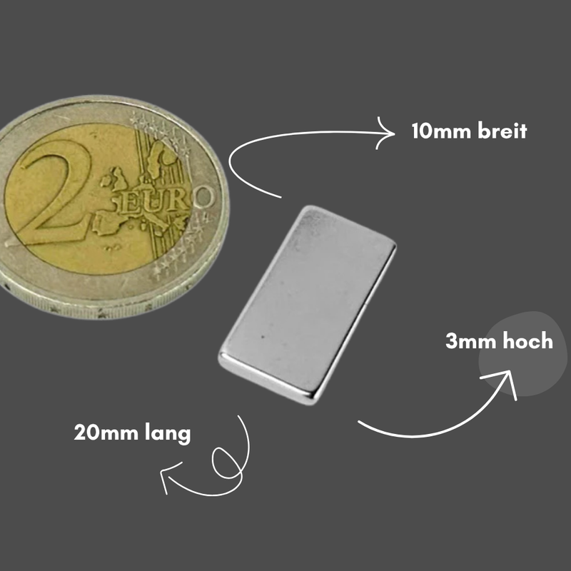 Neodym Magnet 20mm x 10mm x 3mm - N42 Supermagnet - Quadermagnete - Hohe Haftkraft bis 4,78kg