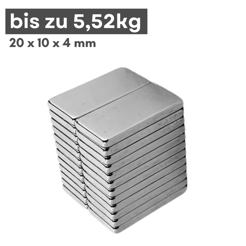 Neodym Magnet 20mm x 10mm x 4mm - N42 Supermagnet - Quadermagnete - Hohe Haftkraft bis 5,52kg