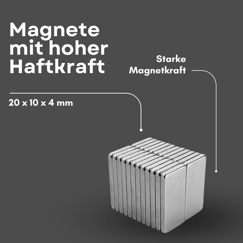 Neodym Magnet 20mm x 10mm x 4mm - N42 Supermagnet - Quadermagnete - Hohe Haftkraft bis 5,52kg