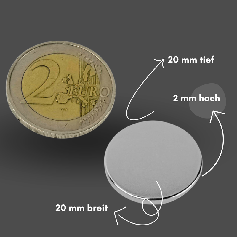 Neodym Magnet Ø 20mm x 2mm - Starker Scheibenmagnet - N38 Supermagnet - Hohe Haftkraft bis 2,6kg