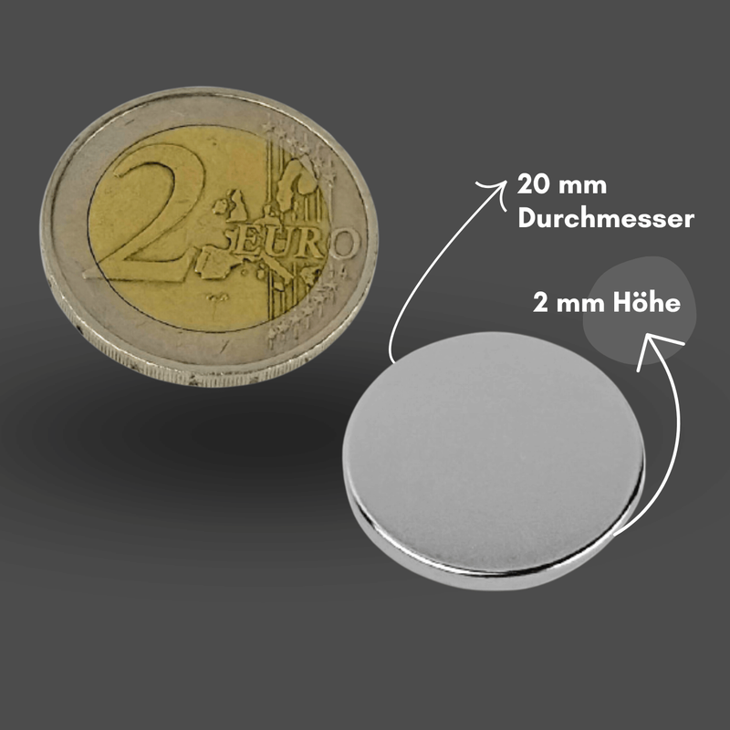 Langlebiger N38 Neodym-Magnet 20 mm Durchmesser, 2 mm Höhe