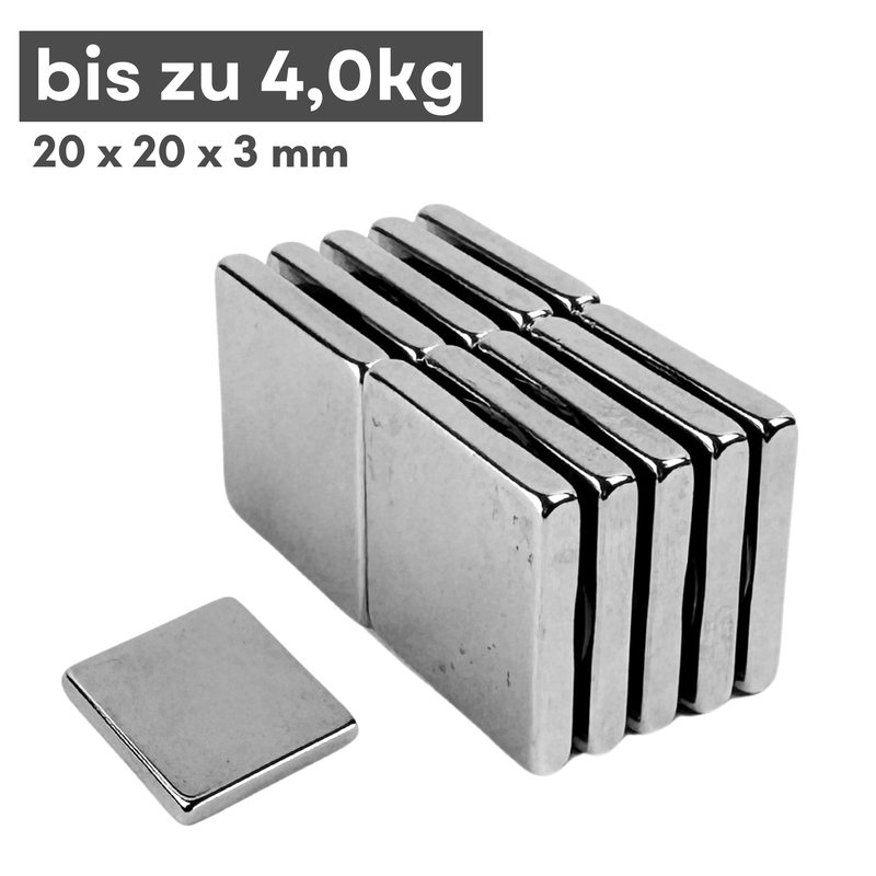 Neodym Magnet 20mm x 20mm x 3mm - N38 Supermagnet - Quadermagnete - Hohe Haftkraft bis 4kg