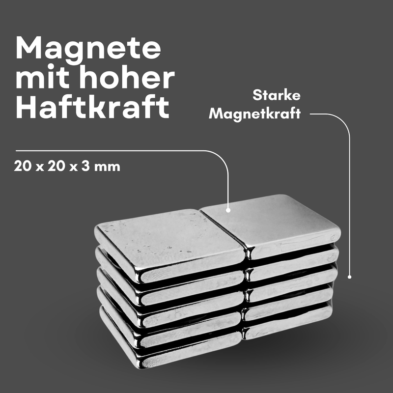 Neodym Magnet 20mm x 20mm x 3mm - N38 Supermagnet - Quadermagnete - Hohe Haftkraft bis 4kg