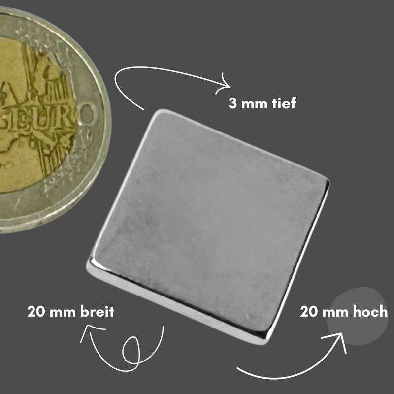Neodym Magnet 20mm x 20mm x 3mm - N38 Supermagnet - Quadermagnete - Hohe Haftkraft bis 4kg