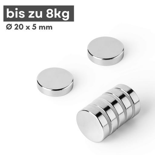 Neodym Scheibenmagnet 20x5 mm N42 – silberfarben, starke Haftkraft